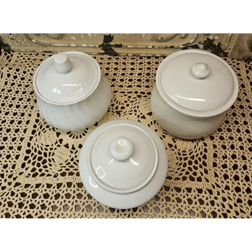 Lot of 3 Unique Varieties of Gibson Housewares White Vanity Jars w/ Lids